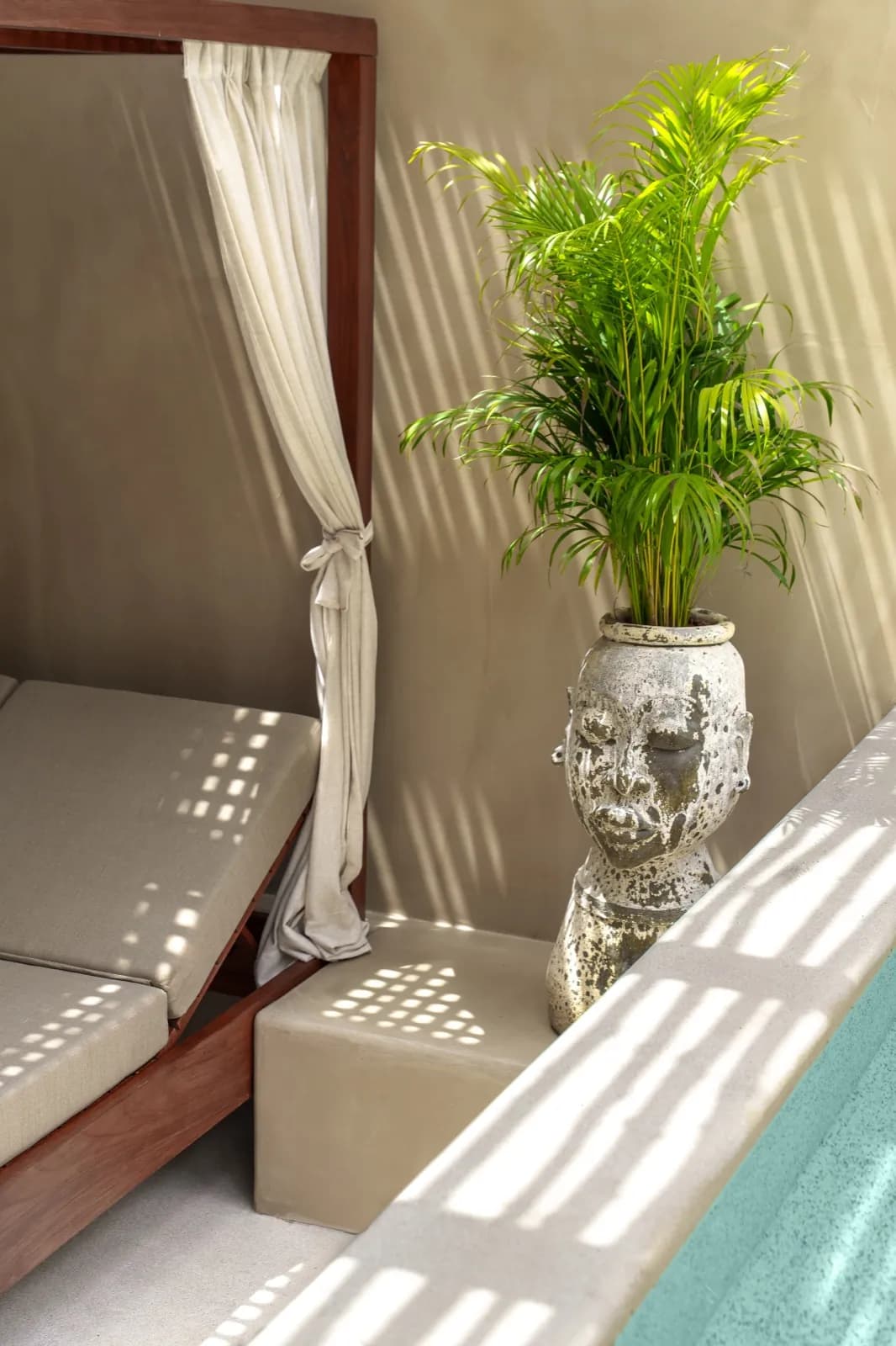 Dappled sunlight on the edge of a plunge pool beside a daybed and planter