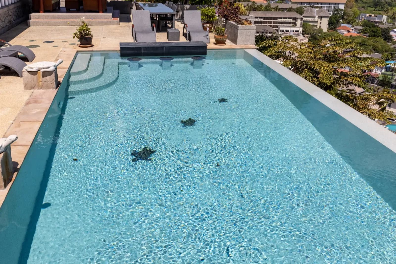 Entry steps and starfish mosaics on a pale pebble pool floor