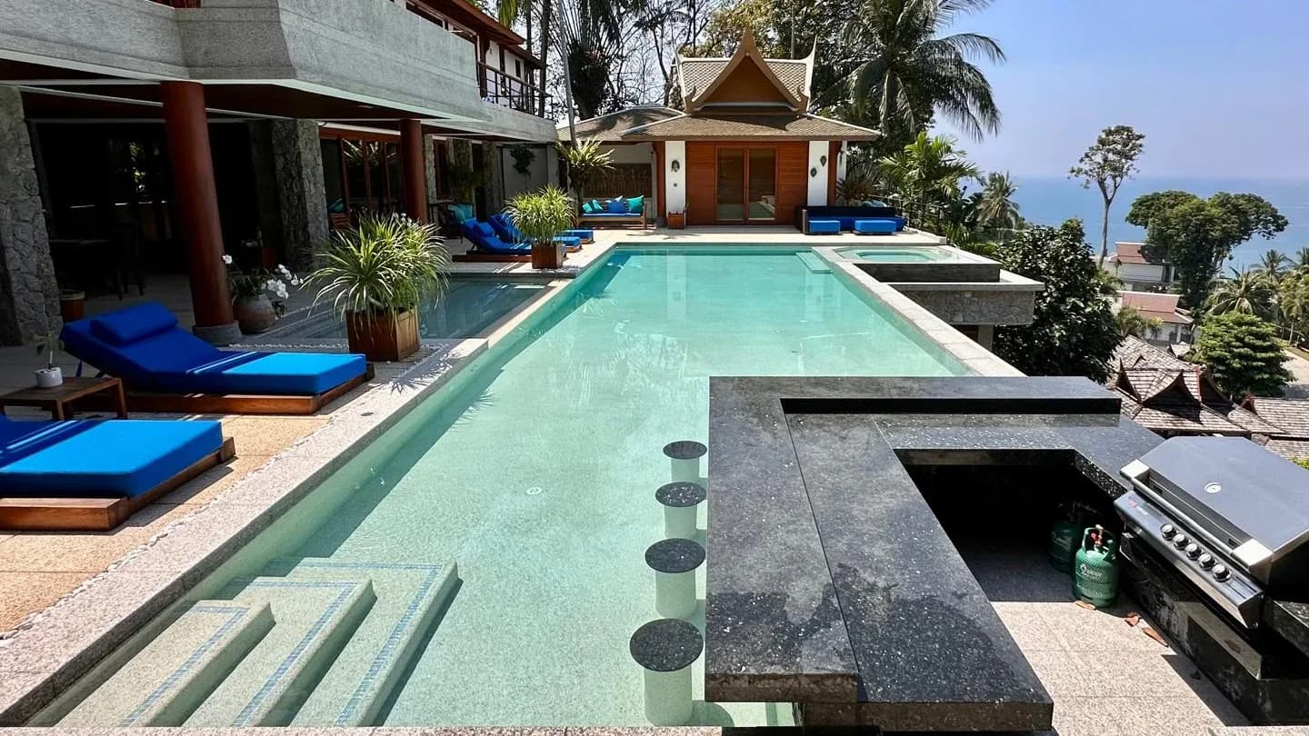 Sea-view pool with swim-up bar after renovation