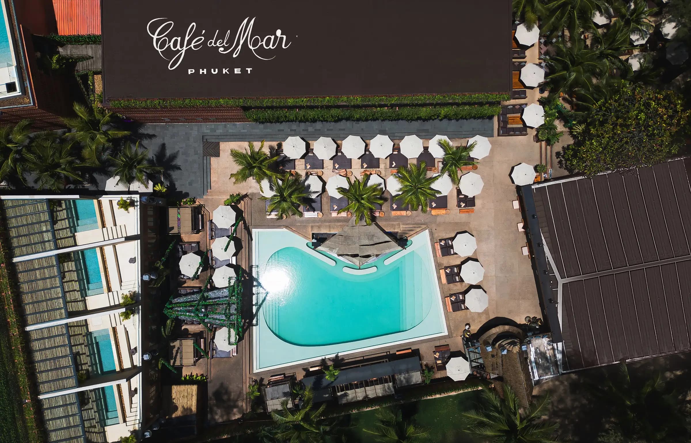Top-down drone view of the beach club's freeform turquoise pool ringed by white parasols and palms