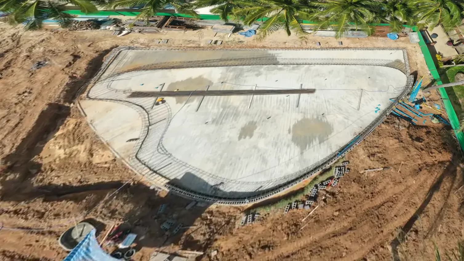 Drone view of the concrete pool shell during construction