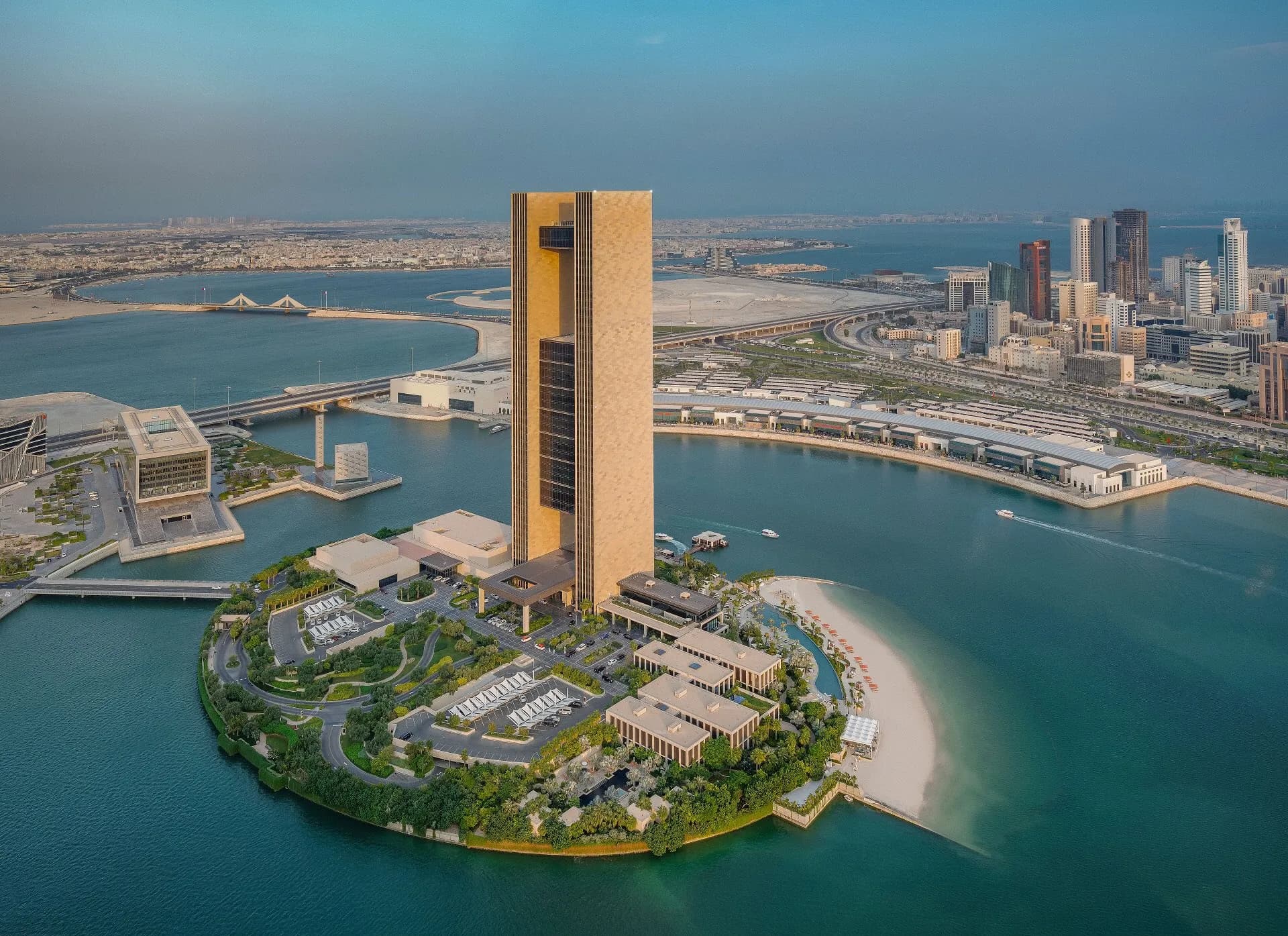 Aerial view of the Four Seasons Hotel Bahrain Bay on its private island